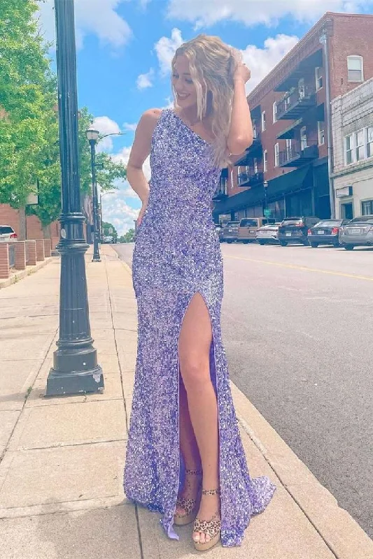 Purple One Shoulder Sequins Long Prom Dress Formal Evening Dress with Slit,DP1371 Sequin Dress Fit