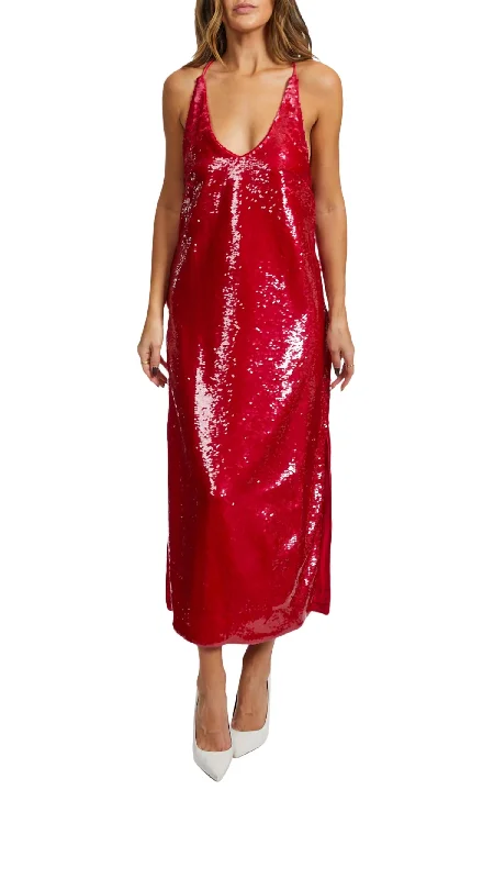 Sequinned Dress In Dark Pink V-neck Sequin Dress