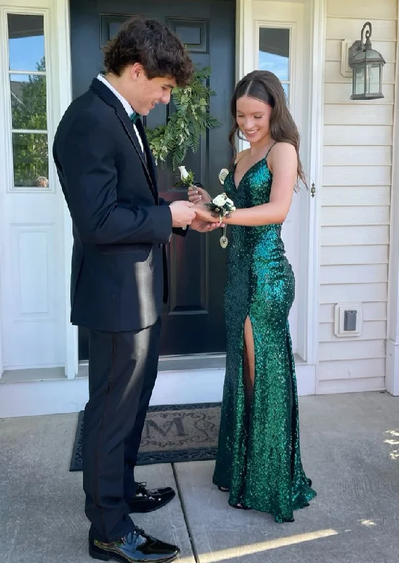 Emerald Green Backless Sequined Long Prom Dress with Slit,DP1355 Sequin Dress Vibe