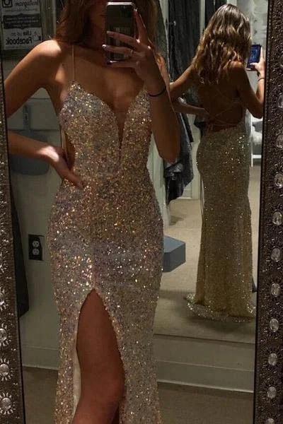 Sparkly Spaghetti Straps Sequins Mermaid Prom Dress Slit Long Formal Gown,DP1543 Sequin A-line Dress