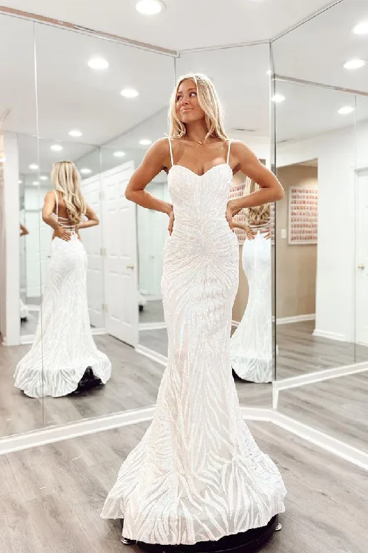 White Spaghetti Straps Sequined Mermaid Long Prom Dress,DP1589 Sequin Gown Party