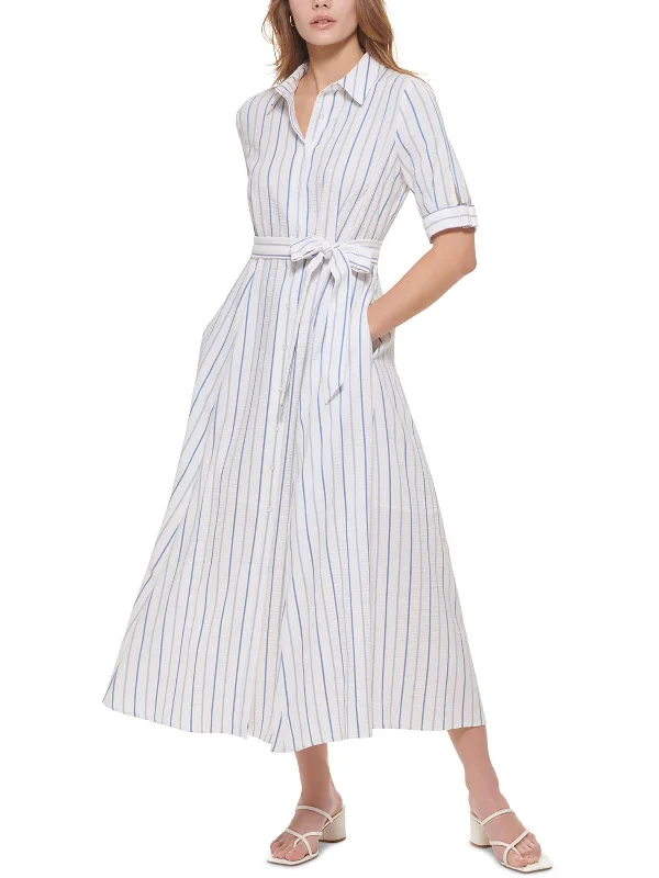 Womens Striped Long Shirtdress Wrap Shirt Dress