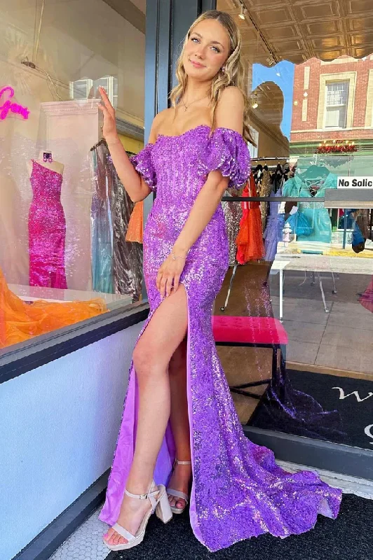 Purple Sequined Strapless Mermaid Long Prom Dress with Slit,DP1428 Sequin Dress Trendy