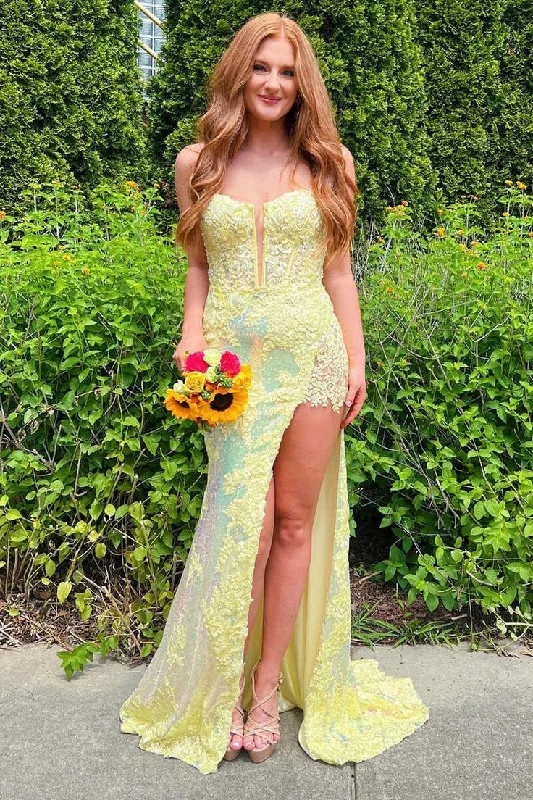 Yellow Spaghetti Straps Sequins Appliques Long Prom Dress with Slit,DP1615 Sequin Dress Night