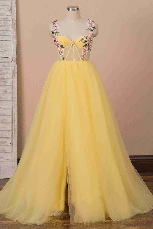 A-line High Slit Yellow Tulle Prom Dress with Flower Appliques Pleated Tulle Dress