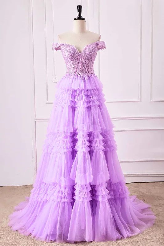 A-Line Off the Shoulder Lavender Corset Ruffle Tulle Prom Dress Tulle Dress Color