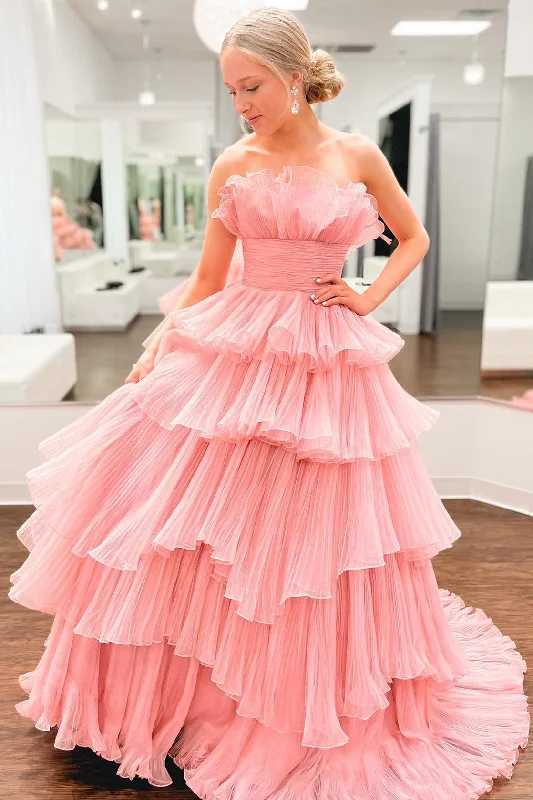 A-line Off-the-Shoulder Pink Ruffle Layers Tulle Long Prom Dress Tulle Dress Outfit