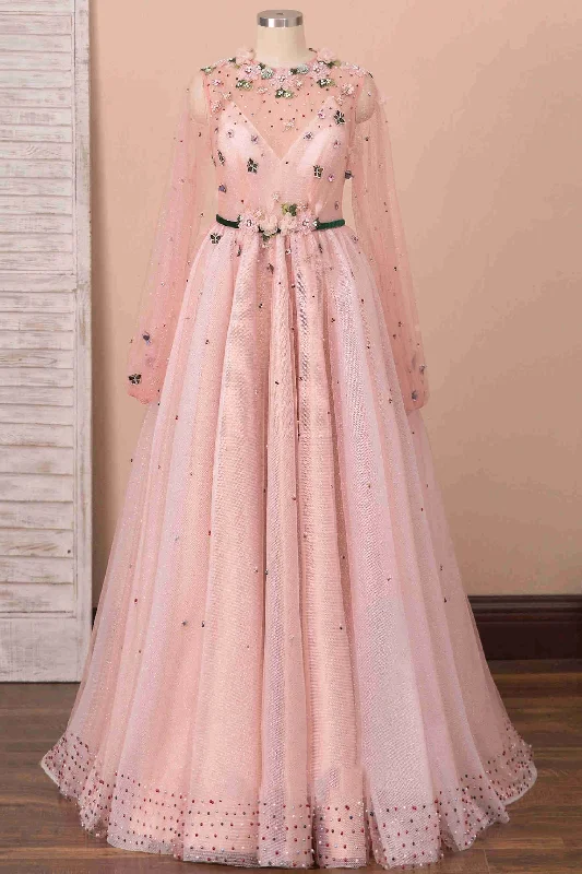 A-Line Peach Pink Illusion Neck Beaded Tulle Prom Dress Blue Tulle Dress