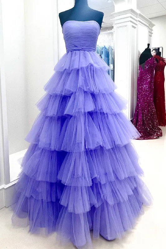 A-line Strapless Pleated Multi-Layers Tulle Long Prom Dress Tulle Dress Shine