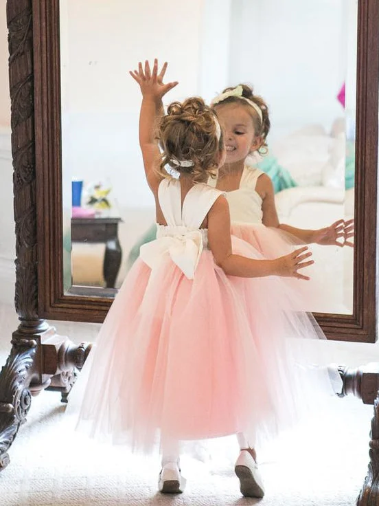 Adorable Toddler Pink Tulle Flower Girl Dress with Ribbon Tulle Dress Chic