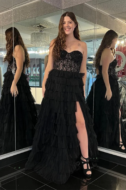 Black Tulle Strapless Beaded Multi-Layers Long Prom Dress with Slit Tulle Dress Dream