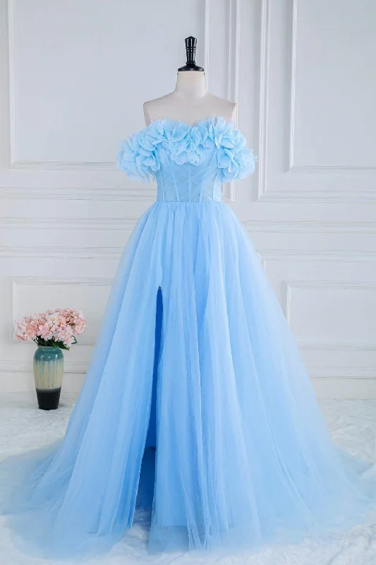 Blue Off the Shoulder Flower A-Line Tulle Prom Dress Tulle Party Dress