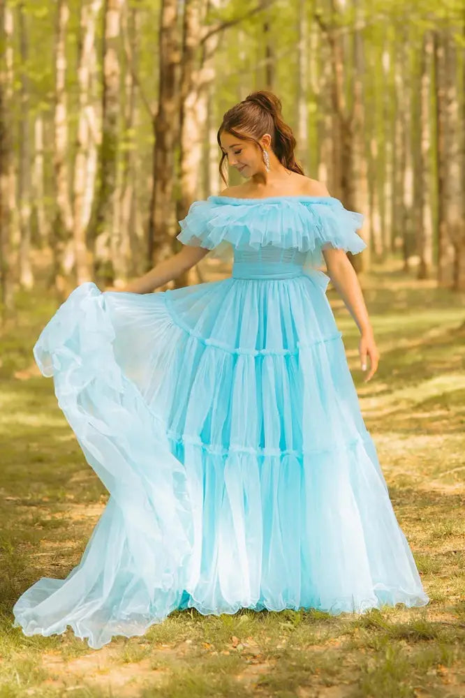 Blue Tiered Tulle A-Line Prom Dress with Off Shoulder A-line Tulle Dress