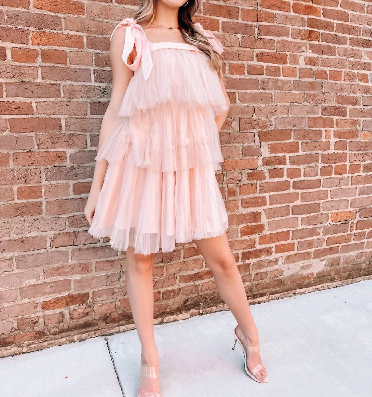 Blushing Babe Trapeze Tulle Dress In Pink Off-shoulder Tulle Dress