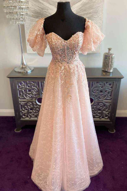 Candy Pink Off-Shoulder A-line Tulle Long Prom Dress with Appliques Tulle Ball Gown