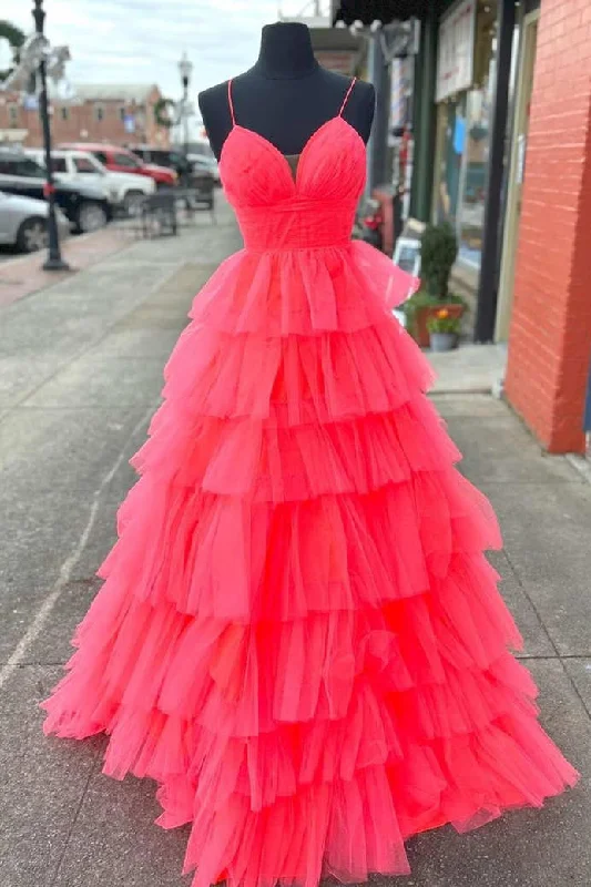 Candy Pink V-Neck Tulle Tiered Long Prom Dress Tulle Dress Blush