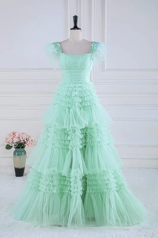 Cold Shoulder Feathers Mint Green Layered Tulle Prom Dress Tulle Dress Blush