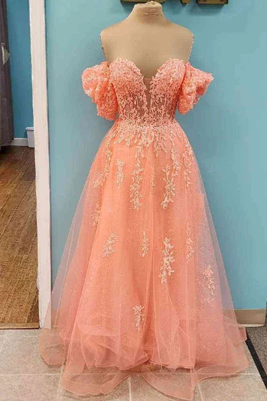 Coral Off-Shoulder V Neck A-line Tulle Applique Lace-Up Back Long Prom Dress Tulle Maxi Dress