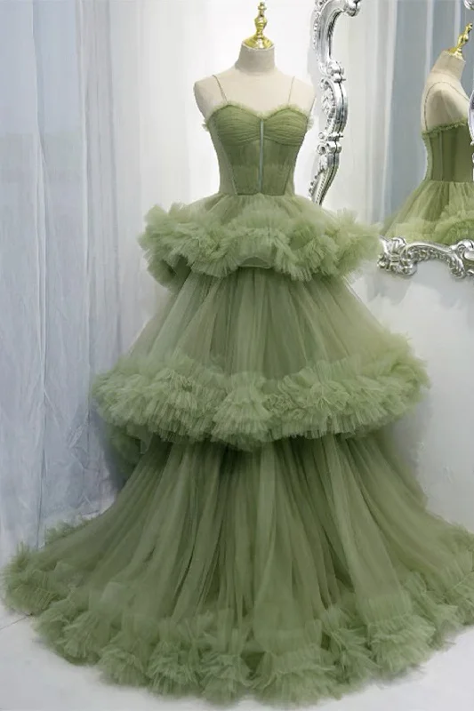 Elegant Straps Pleated Green Tiered Tulle Formal Dress Tulle Dress Vibe