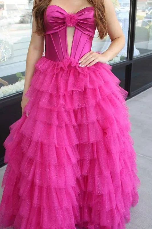 Fuchsia Strapless Keyhole Layered Tulle Prom Dress Tulle Dress Sleek