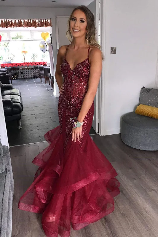 Gorgeous V Neck Mermaid Burgundy Tulle Beaded Long Prom Dress with Ruffles Tulle Midi Dress