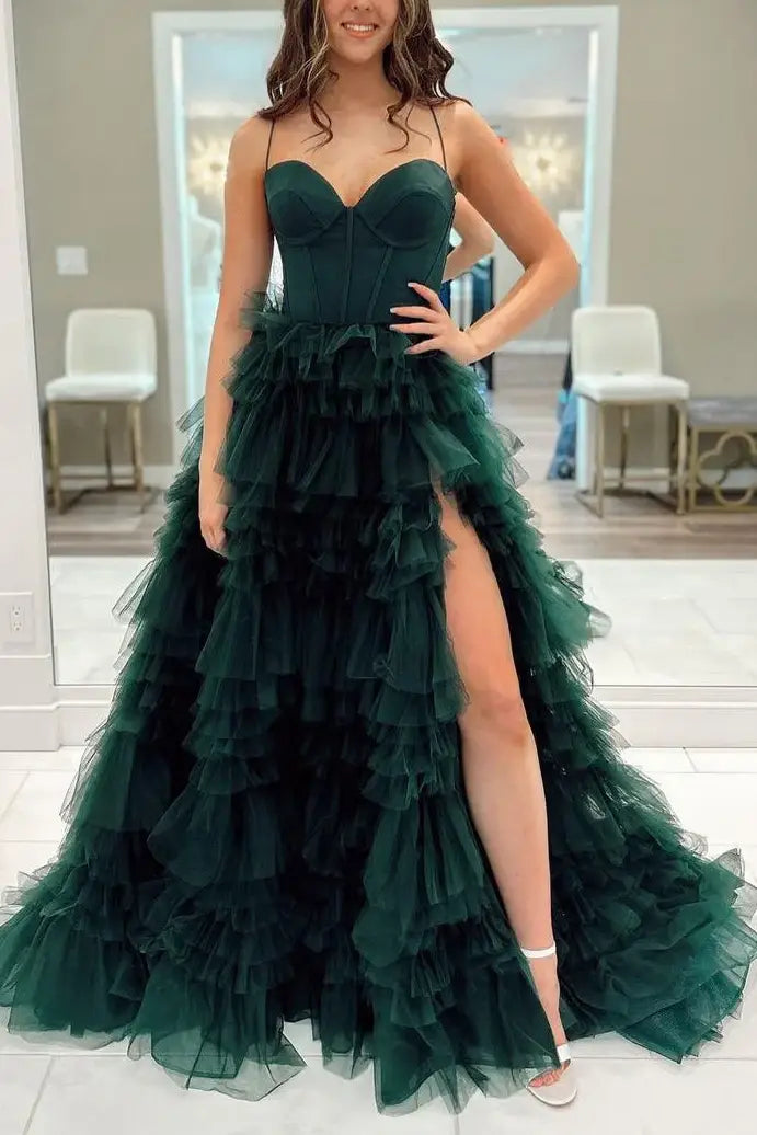 Green Spaghetti Straps Layered Tulle Prom Dress with Slit Tulle Dress Party