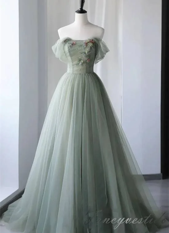 Grey Applique Tulle A-Line Prom Dress with Off Shoulder Tulle Dress Sleek