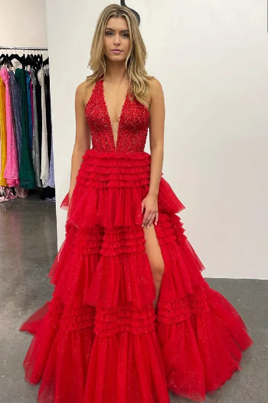 Halter Red Appliques Ruffle Tulle Prom Ball Gown Tulle Dress Puff