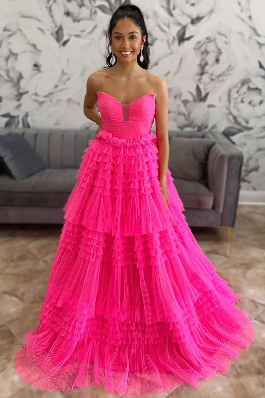 Hot Pink Strapless A-Line Tiered Tulle Formal Dress Ruffled Tulle Gown