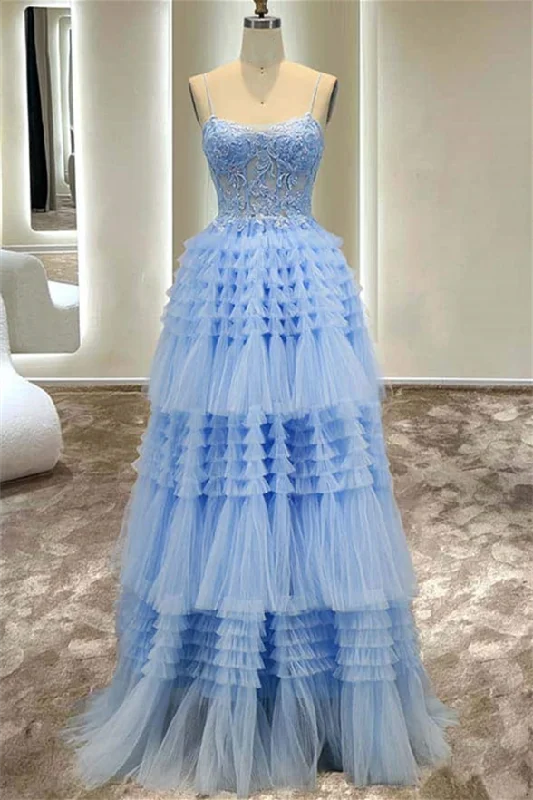 Light Blue Lace-Up Appliques Multi-Layers Tulle Long Prom Dress Tulle Dress Sparkling