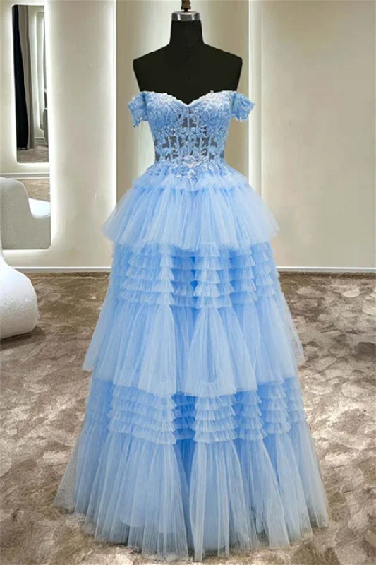 Light Blue Off-the-Shoulder Appliques Multi-Layers Tulle Long Prom Dress Tiered Tulle Dress