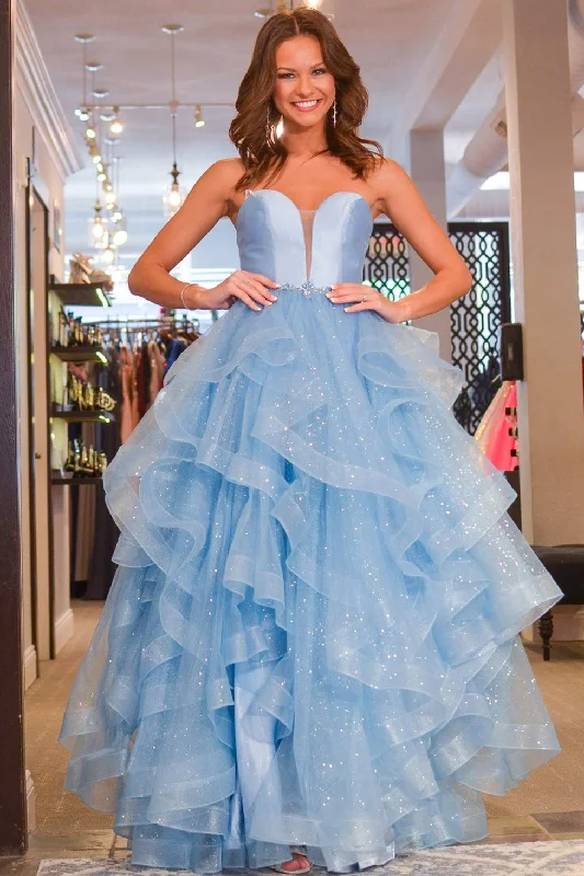 Light Blue Strapless Layered Tulle Long Formal Dress Pink Tulle Gown