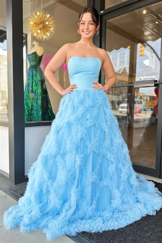 Light Blue Tulle Ruffled Net Streapless Long Prom Dress Boho Chic Tulle