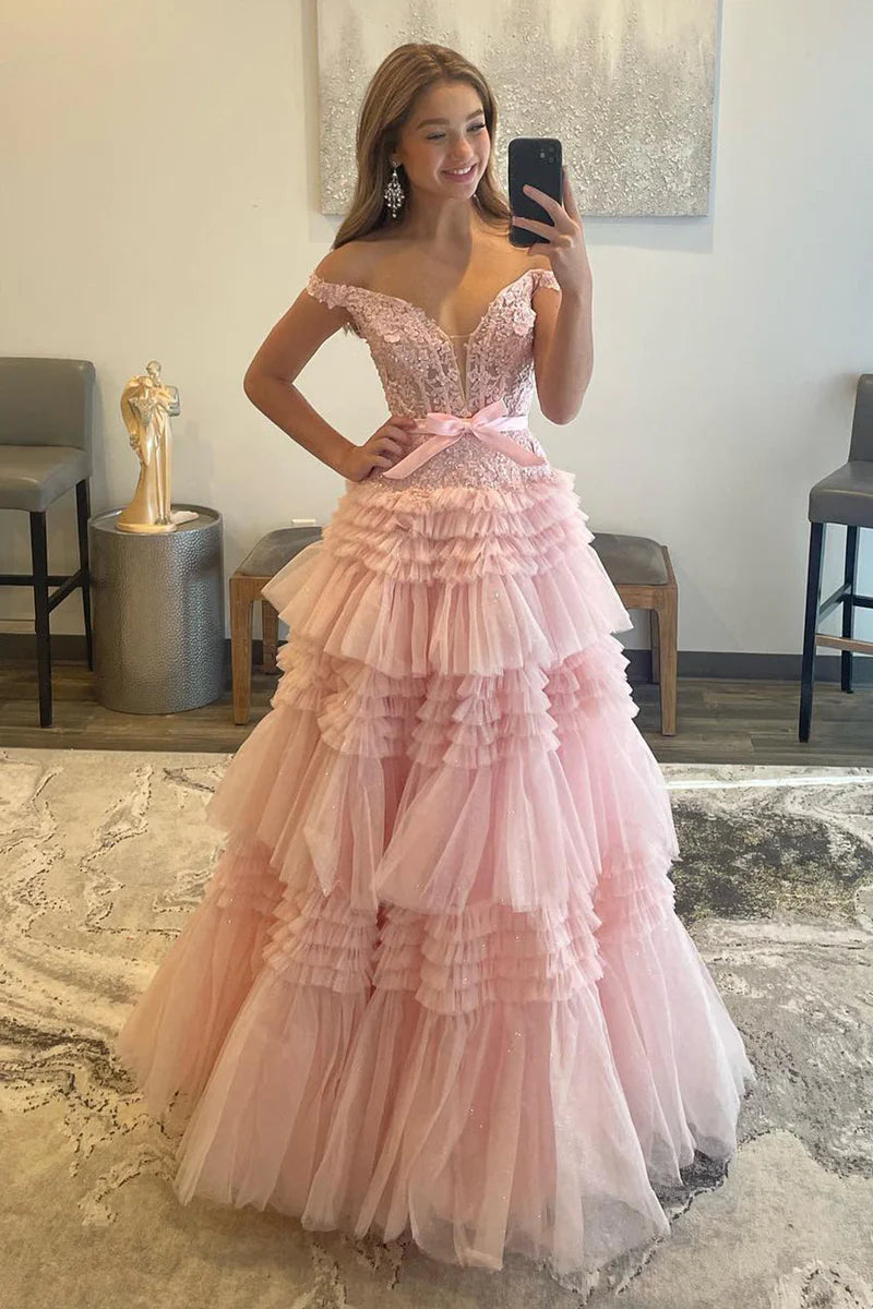 Off-Shoulder A-line Tulle Ruffles Layers Applique Long Prom Dress Elegant Tulle Gown