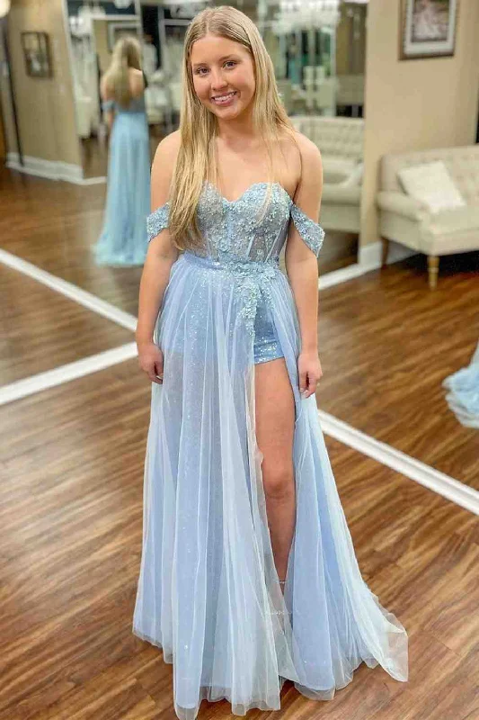 Off-Shoulder Light Blue A-line Tulle Applique Long Prom Dress Short Tulle Dress