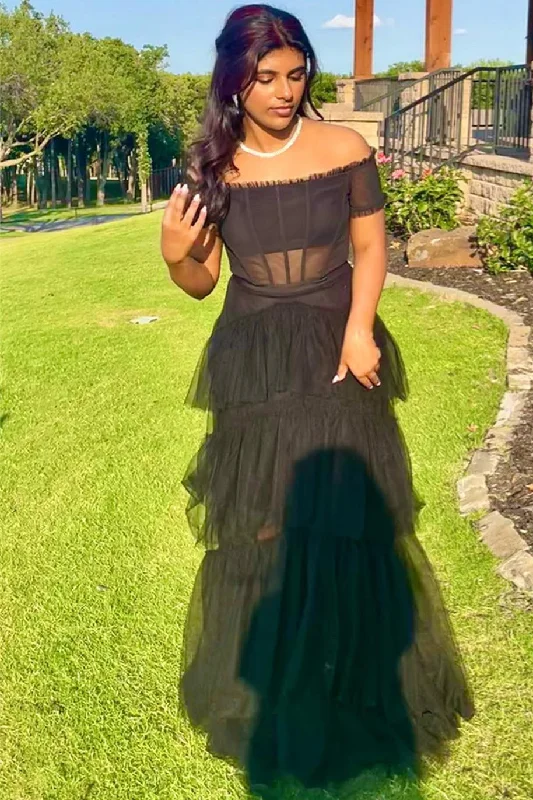 Off the Shoulder Black Tiered Tulle Long Prom Dress Soft Tulle Dress