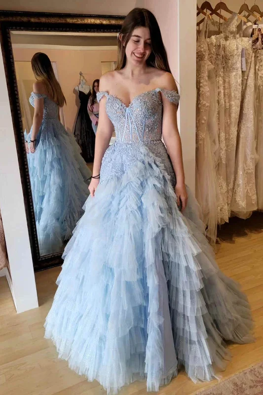 Off the Shoulder Light Blue Sheer Bodice Ruffle Tulle Prom Dress Tulle Dress Flare