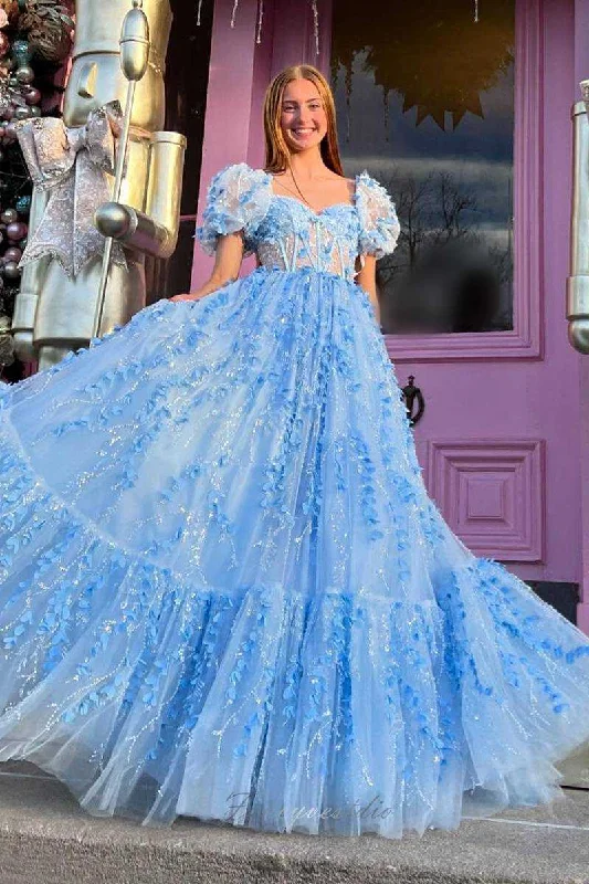 Off the Shoulder Tulle A-Line Prom Dress with 3D Flower Tulle Dress Design