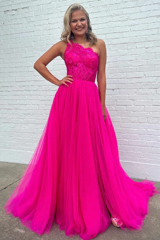 One Shoulder Fuchsia Lace Top A-Line Tulle Prom Dress White Lace Tulle