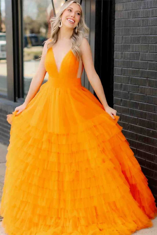 Orange Deep V-Neck A-line Tulle Layers Long Prom Dress Vintage Tulle Dress