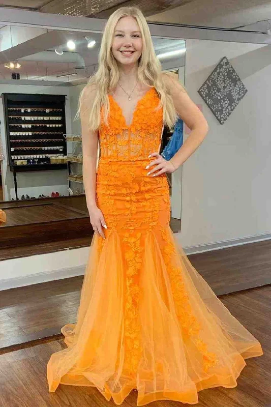 Orange V Neck Mermaid Tulle Applique Backless Long Prom Dress Tulle Evening Dress