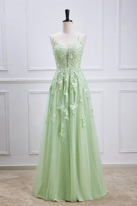 Plunging V-Neck Sage Green Straps Appliques Tulle Prom Dress Romantic Tulle Gown