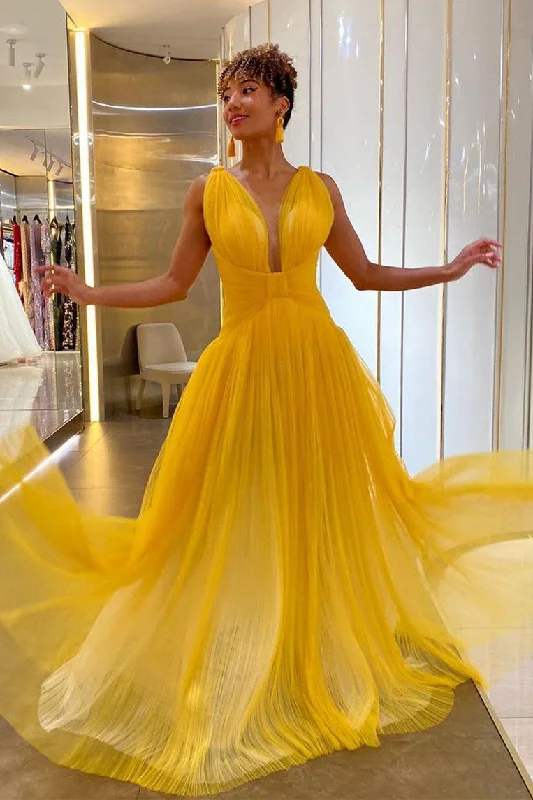 Plunging Neck Yellow Tulle Prom Dress Tulle Dress Modern