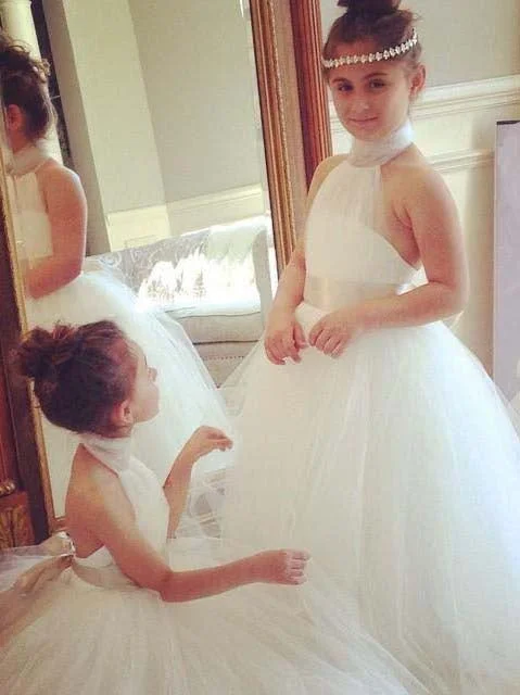 Princess Ball Gown Halter White Tulle Flower Girl Dress Tulle Skirt Dress