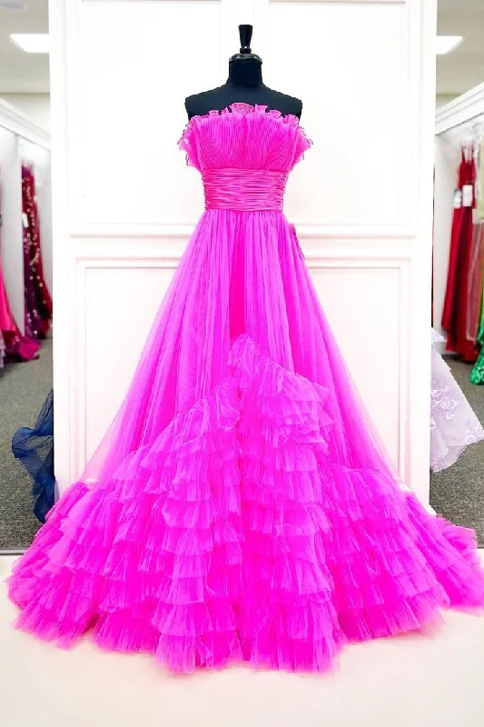 Princess Fuchsia A-line Strapless Tulle Multi-Layers Long Prom Dress Sexy Tulle Dress