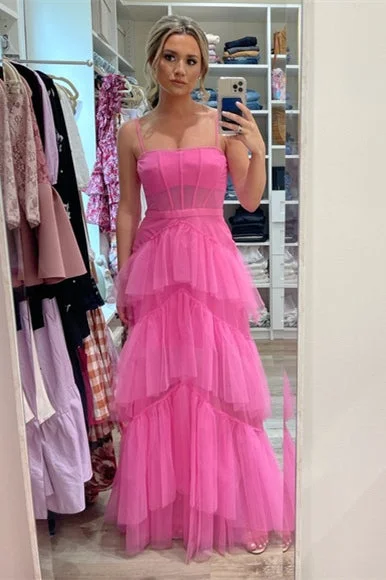 Princess Hot Pink Tiered Tulle Prom Dress Tulle Dress Classic