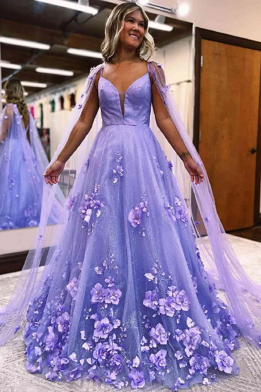 Princess Lavender 3D Flowers Tulle Formal Dress with Cape Sequin Tulle Dress