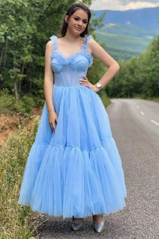 Princess Light Sky Blue Tulle Long Prom Dress Ruffled Tulle Gown