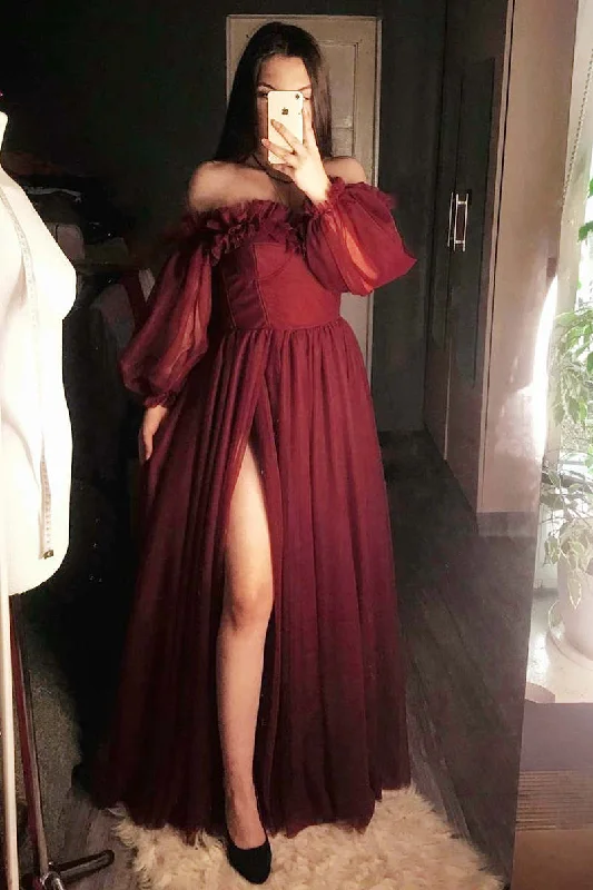 Princess Off the Shoulder Burgundy Tulle Formal Dress Formal Tulle Dress