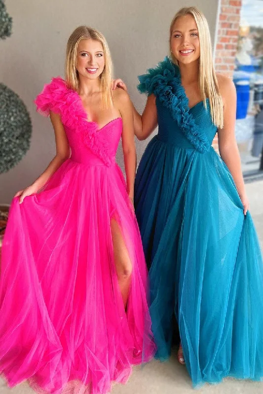 Princess Ruffled One Shoulder A-Line Tulle Prom Dress Soft Layered Tulle